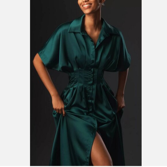 Anthropologie The Tobie Satin Shirt Dress by Exquise Rainforest Green Size M NWT - Picture 3 of 6
